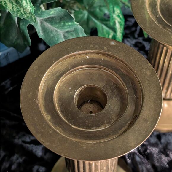 Two Vintage Solid Brass Thick Olympic Style Column Fluted Center Candle Holders - Picture 6 of 8